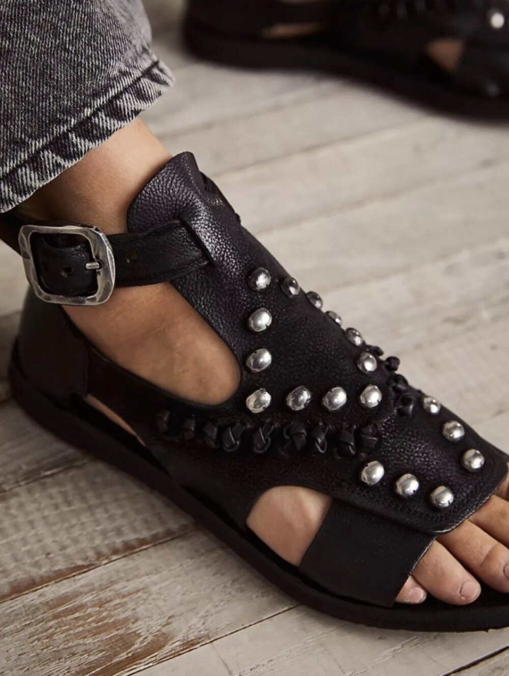 7/7.5 A.S. 98 Black Studded Buckle Closure Flat Gladiator Leather Sandals